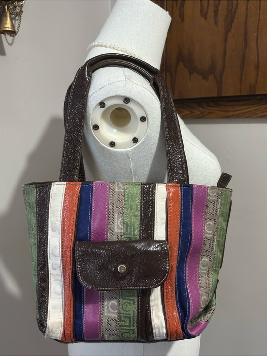 Liz Claiborne Handbags - Y2K Vintage Colorful Striped Tote Bag Purse Brown Faux Patent Leather Trim Small